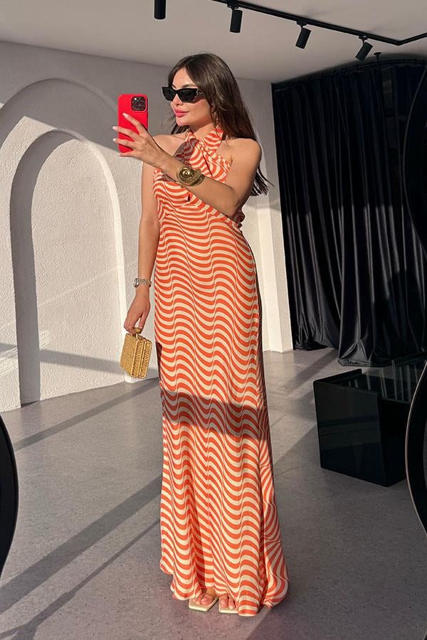 Marlind Dalga Desen Boyundan Bağlamalı Elbise-Turuncu