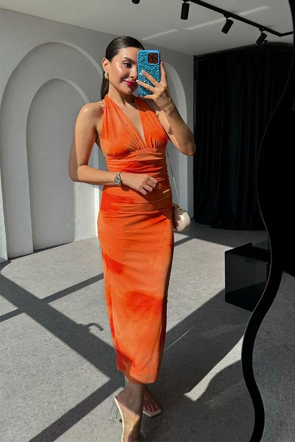 Marsha Sırt Dekolteli Tül Elbise-Turuncu