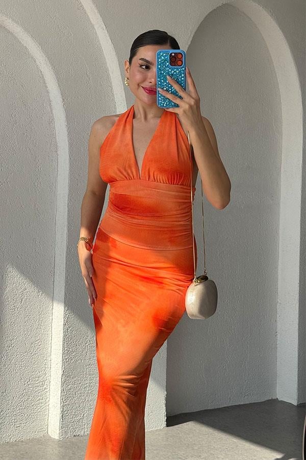 Marsha Sırt Dekolteli Tül Elbise-Turuncu