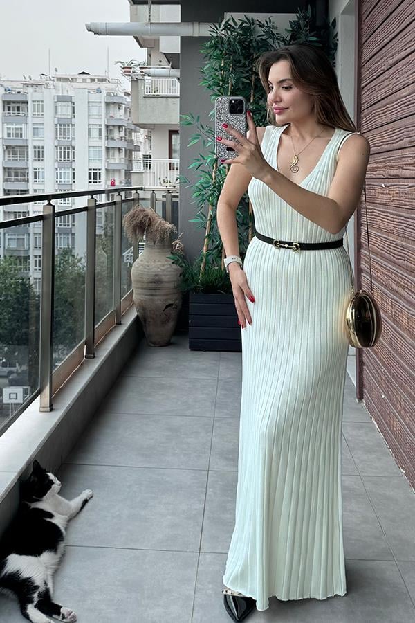 Marsıana Sıfır Kol Fitilli Elbise Ekru