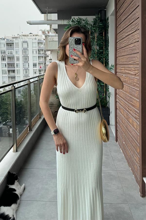 Marsıana Sıfır Kol Fitilli Elbise Ekru