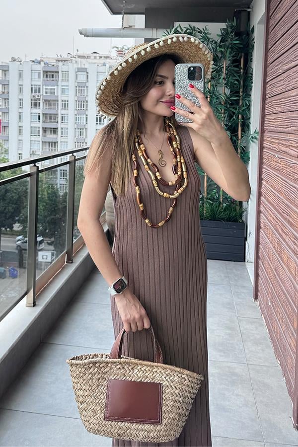 Marsıana Sıfır Kol Fitilli Elbise -Kahve