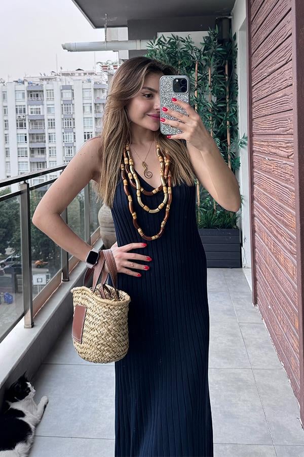 Marsıana Sıfır Kol Fitilli Elbise -Lacivert