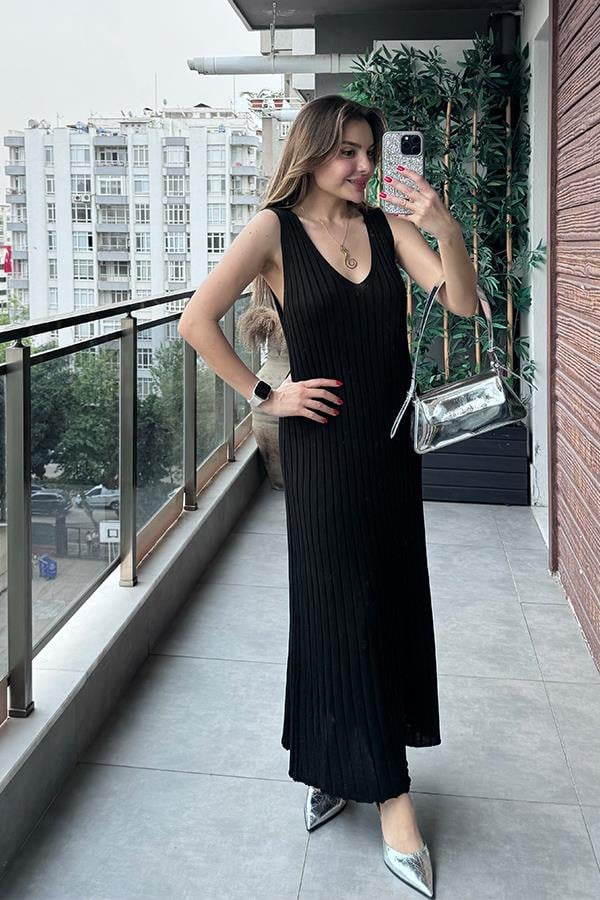 Marsıana Sıfır Kol Fitilli Elbise - Siyah