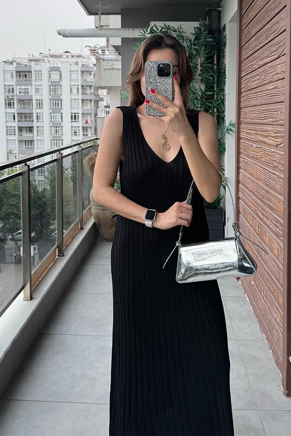 Marsıana Sıfır Kol Fitilli Elbise - Siyah