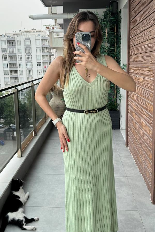 Marsıana Sıfır Kol Fitilli Elbise Su Yeşili