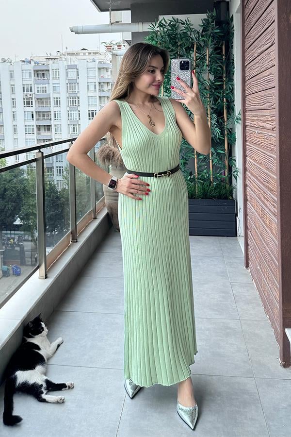 Marsıana Sıfır Kol Fitilli Elbise Su Yeşili