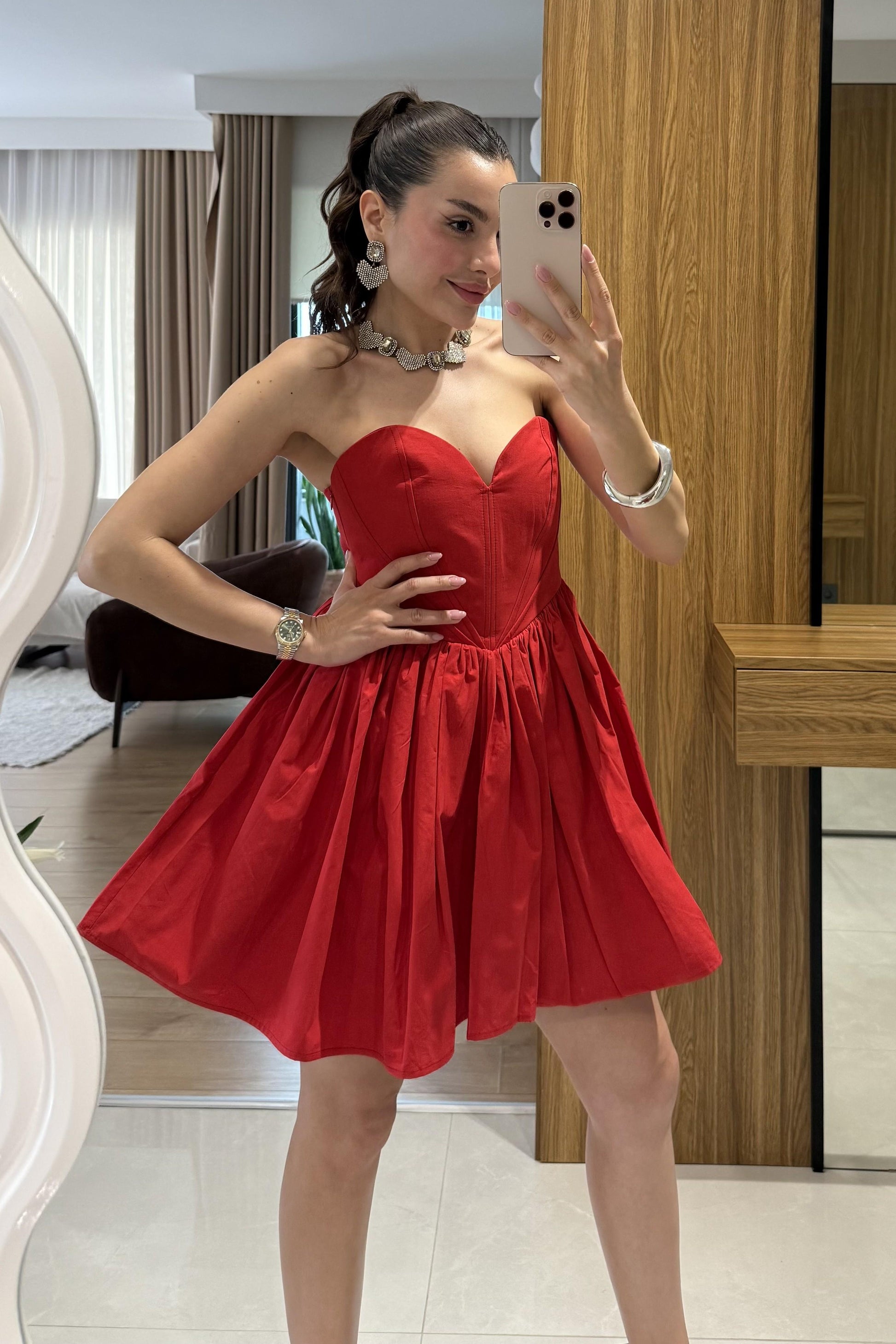 Marsilia Kırmızı Kalp Yaka Mini Elbise