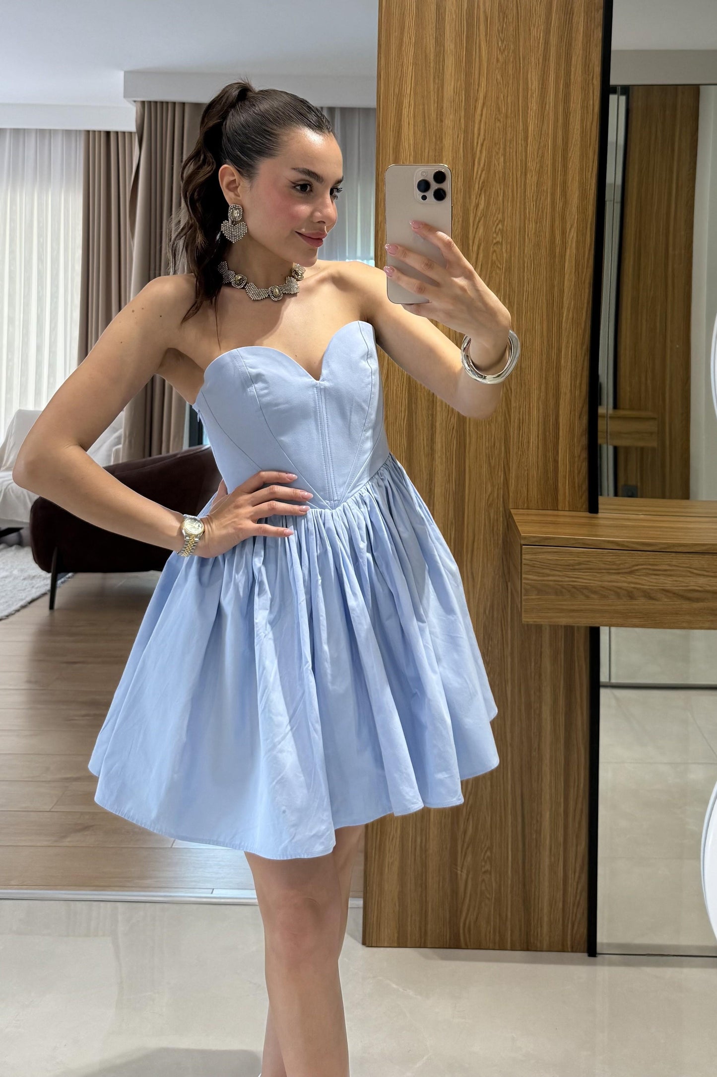 Marsilia Mavi Kalp Yaka Mini Elbise