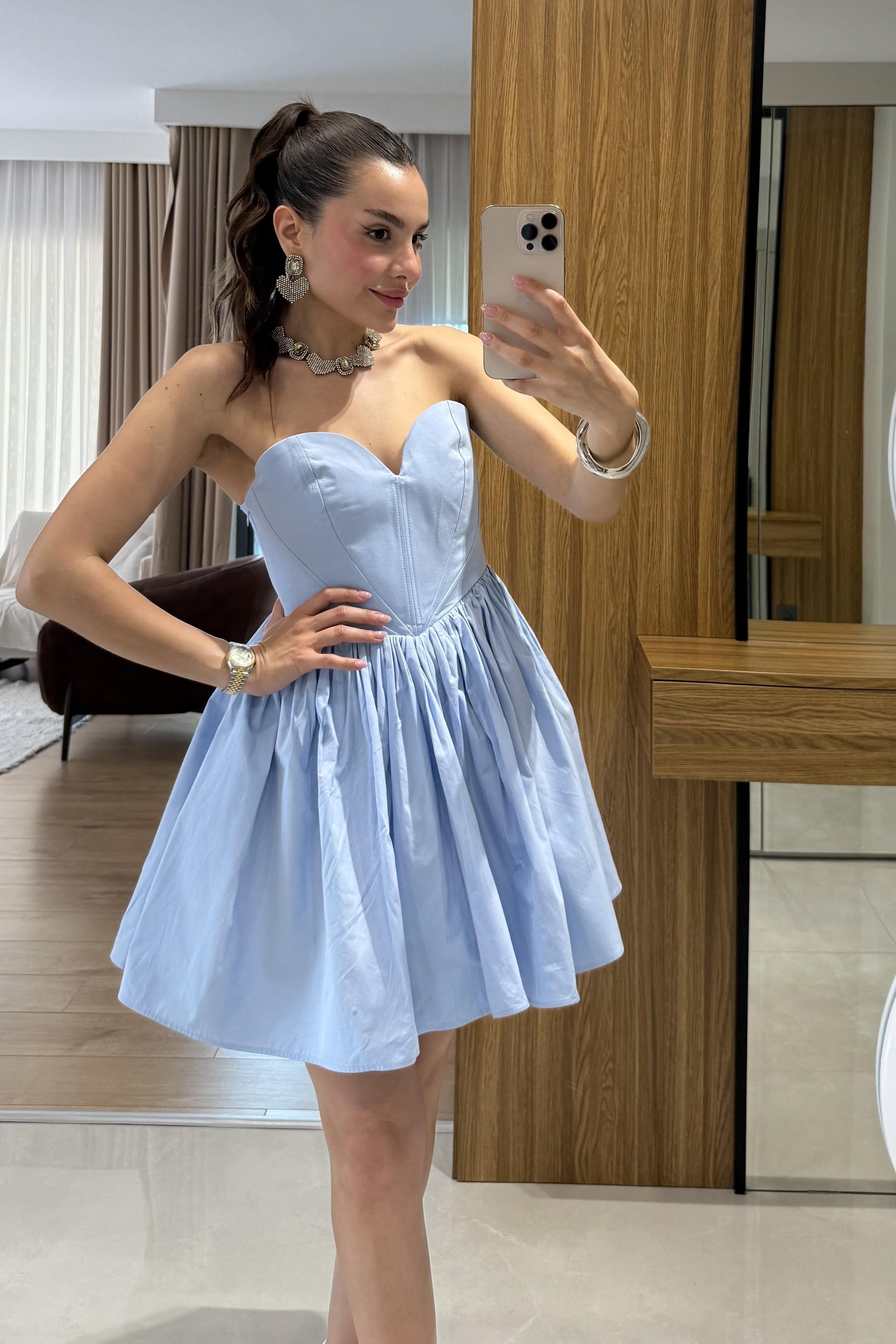 Marsilia Mavi Kalp Yaka Mini Elbise