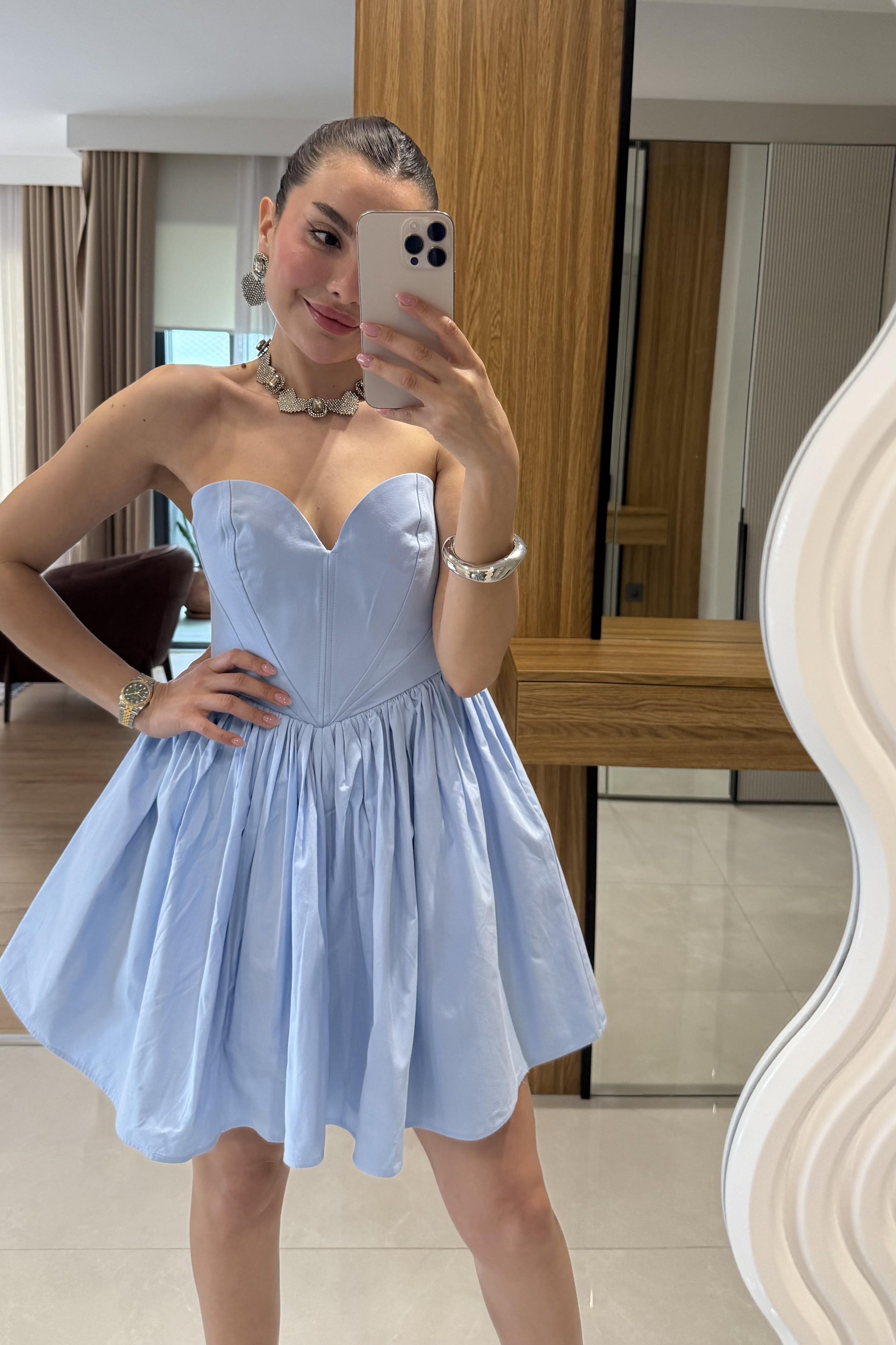 Marsilia Mavi Kalp Yaka Mini Elbise