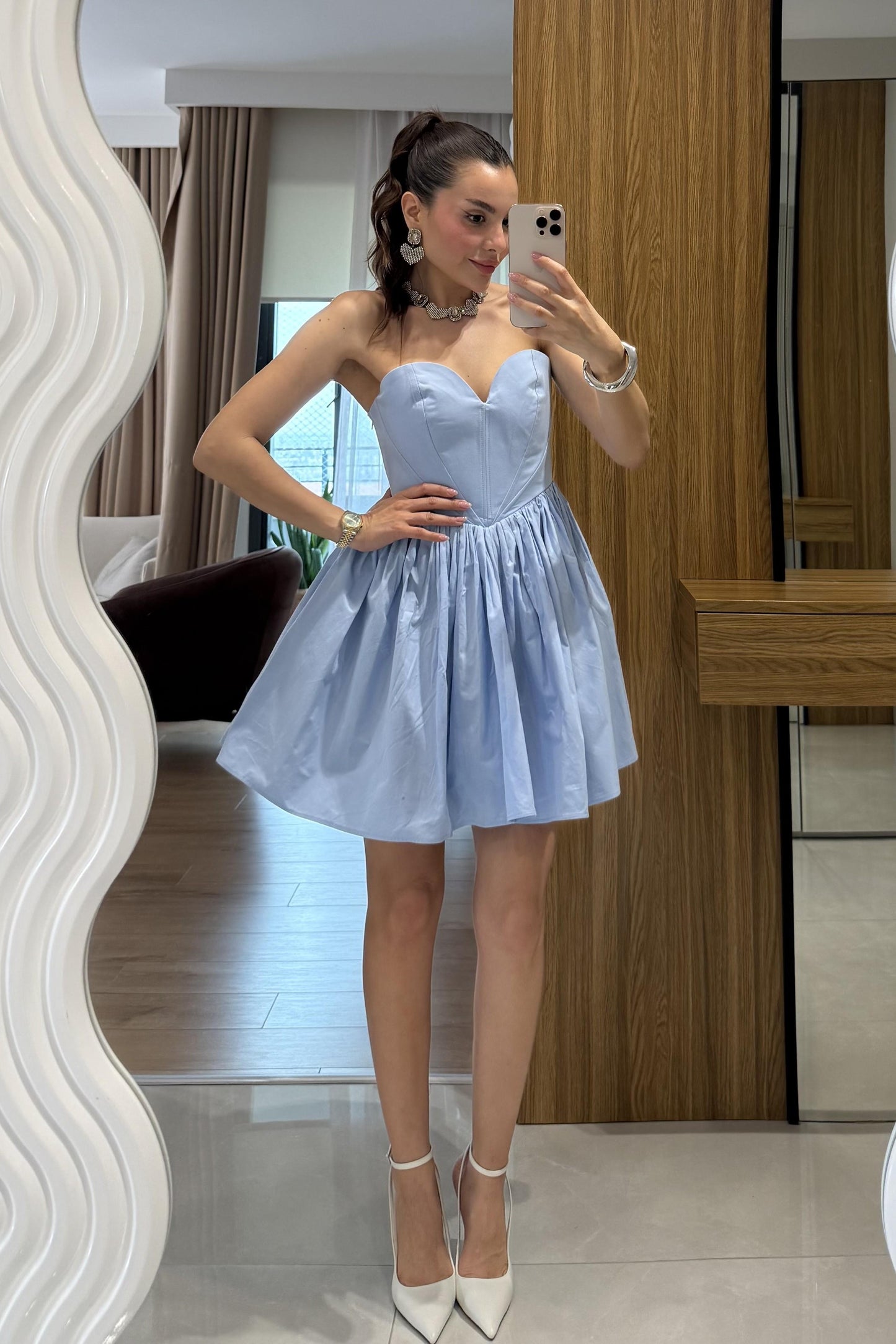 Marsilia Mavi Kalp Yaka Mini Elbise