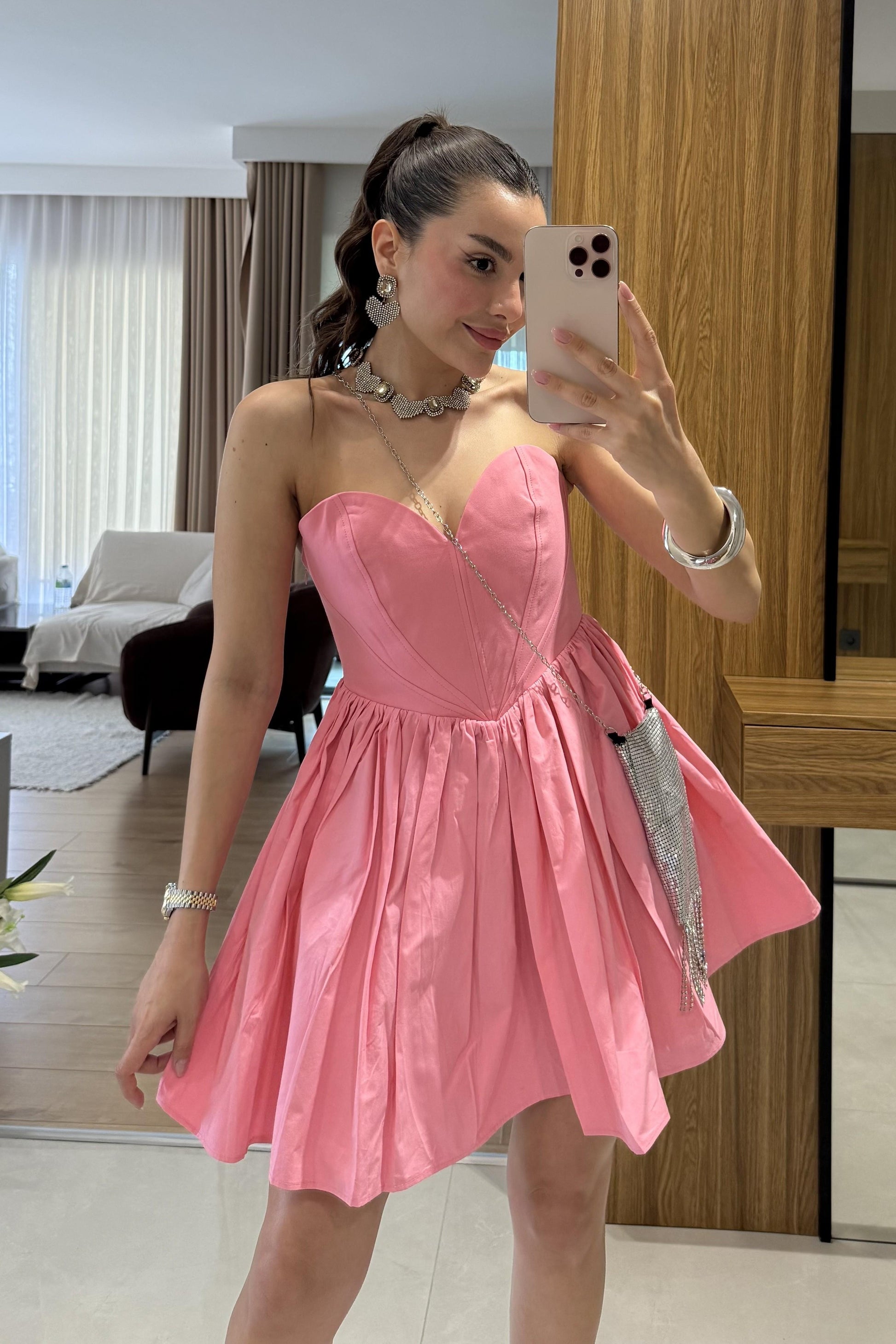 Marsilia Pembe Kalp Yaka Mini Elbise