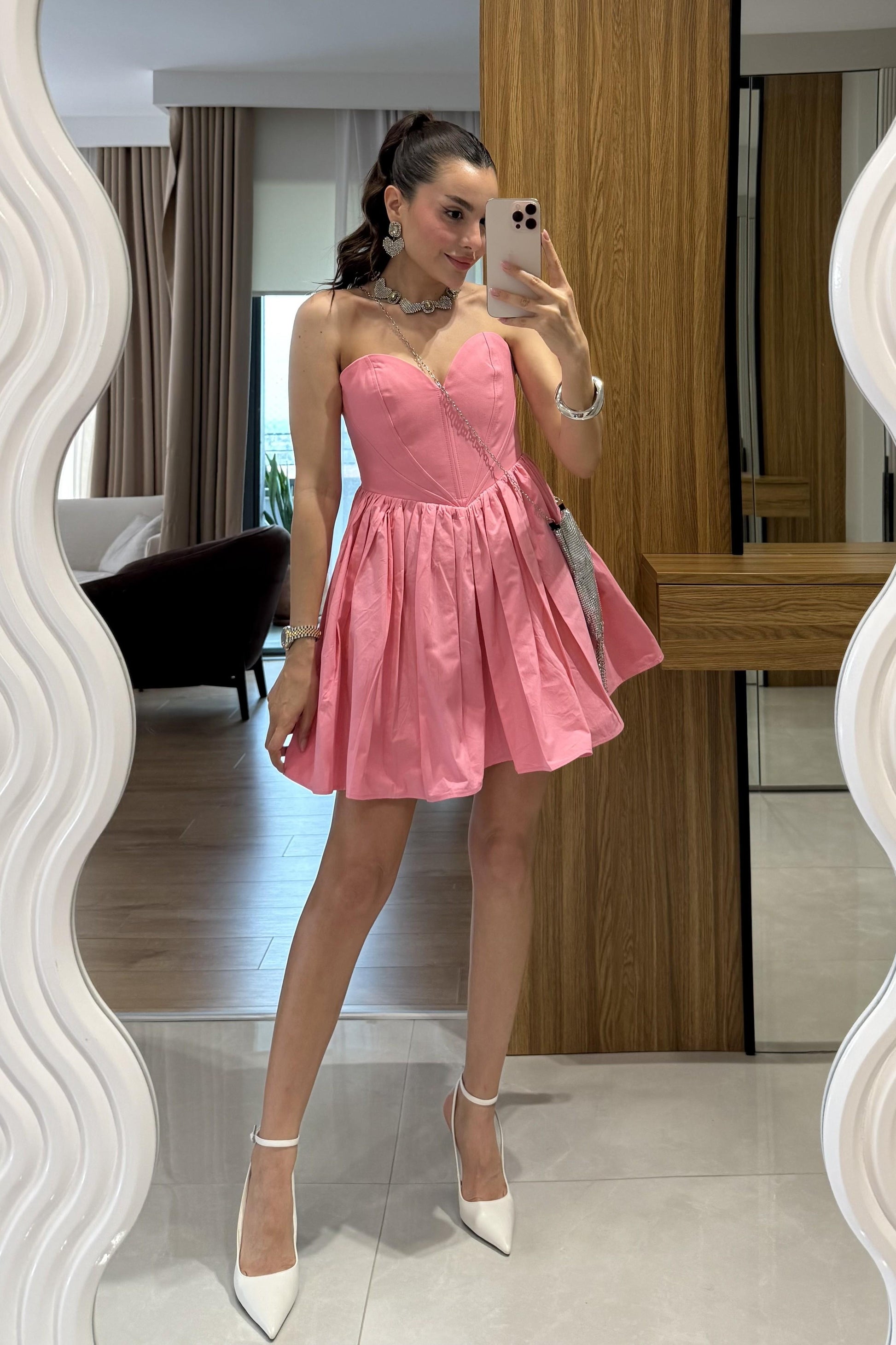 Marsilia Pembe Kalp Yaka Mini Elbise