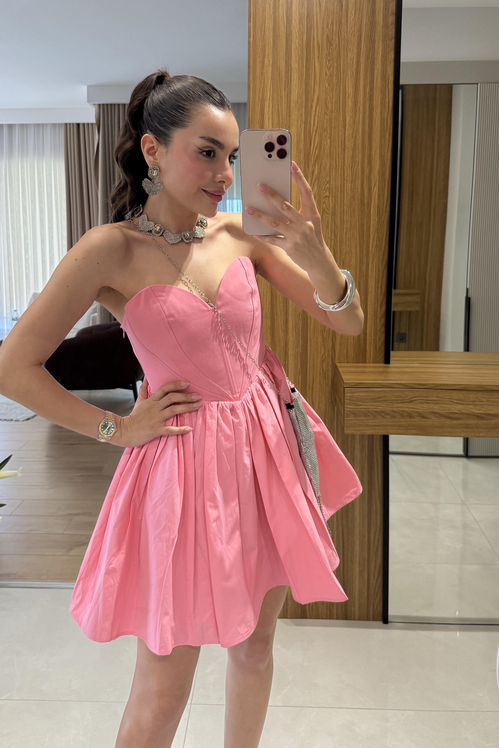 Marsilia Pembe Kalp Yaka Mini Elbise