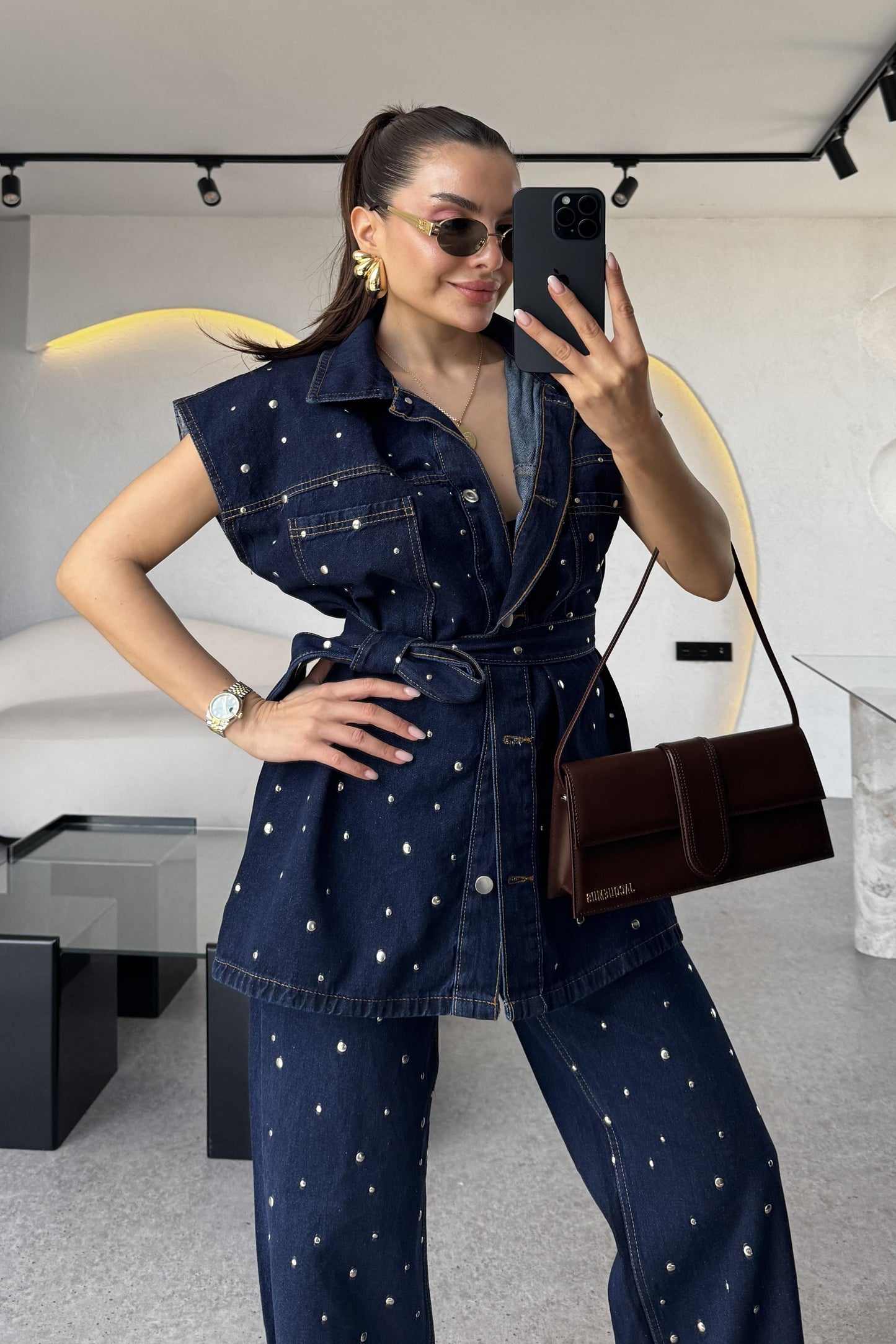 Martha Zımbalı Kuşaklı Denim Takım