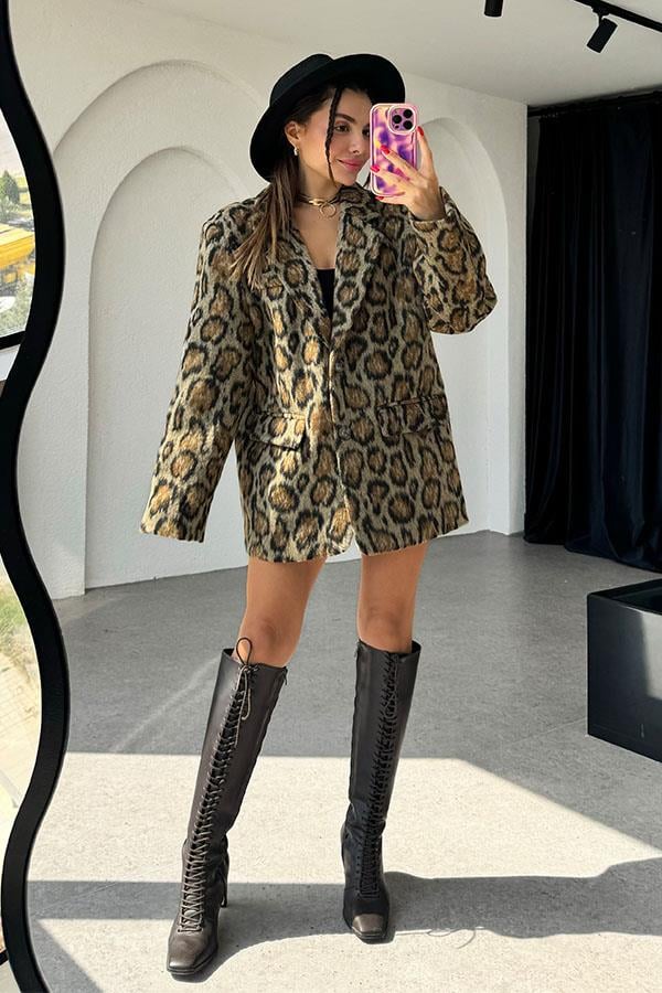 Marya Premium Leopar Kaşe Ceket