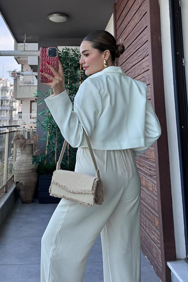 Maso Kruvaze Crop Blazer Ceket - Beyaz