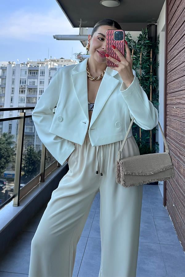 Maso Kruvaze Crop Blazer Ceket - Beyaz