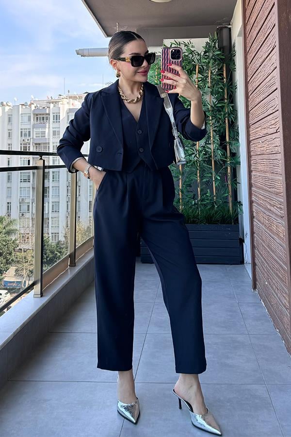 Maso Kruvaze Crop Blazer Ceket - Lacivert