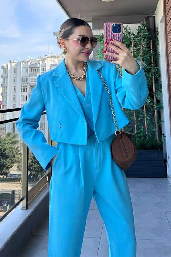 Maso Kruvaze Crop Blazer Ceket - Mavi