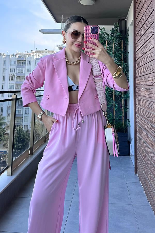 Maso Kruvaze Crop Blazer Ceket - Pembe