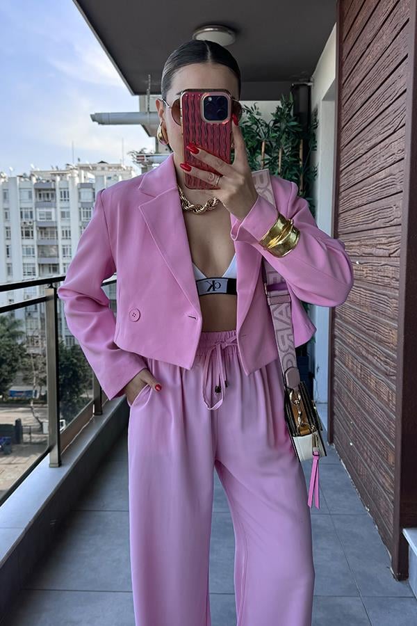 Maso Kruvaze Crop Blazer Ceket - Pembe