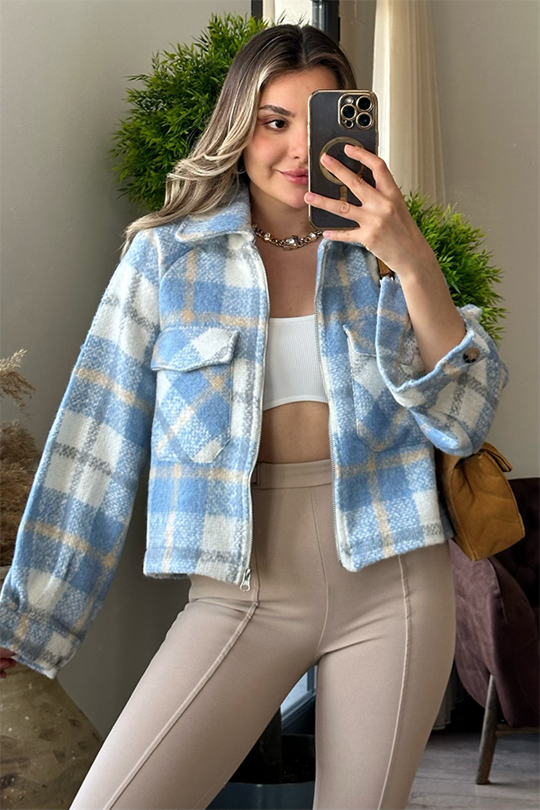 Mavi ekose detaylı tüvit ceket