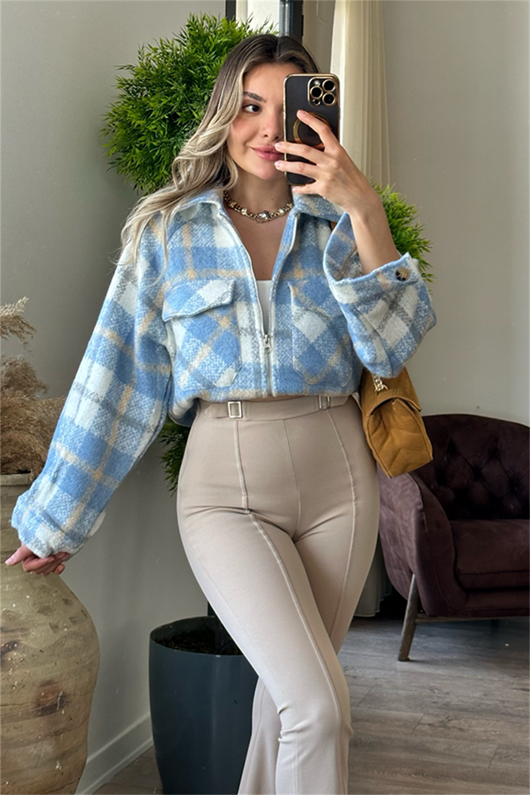 Mavi ekose detaylı tüvit ceket