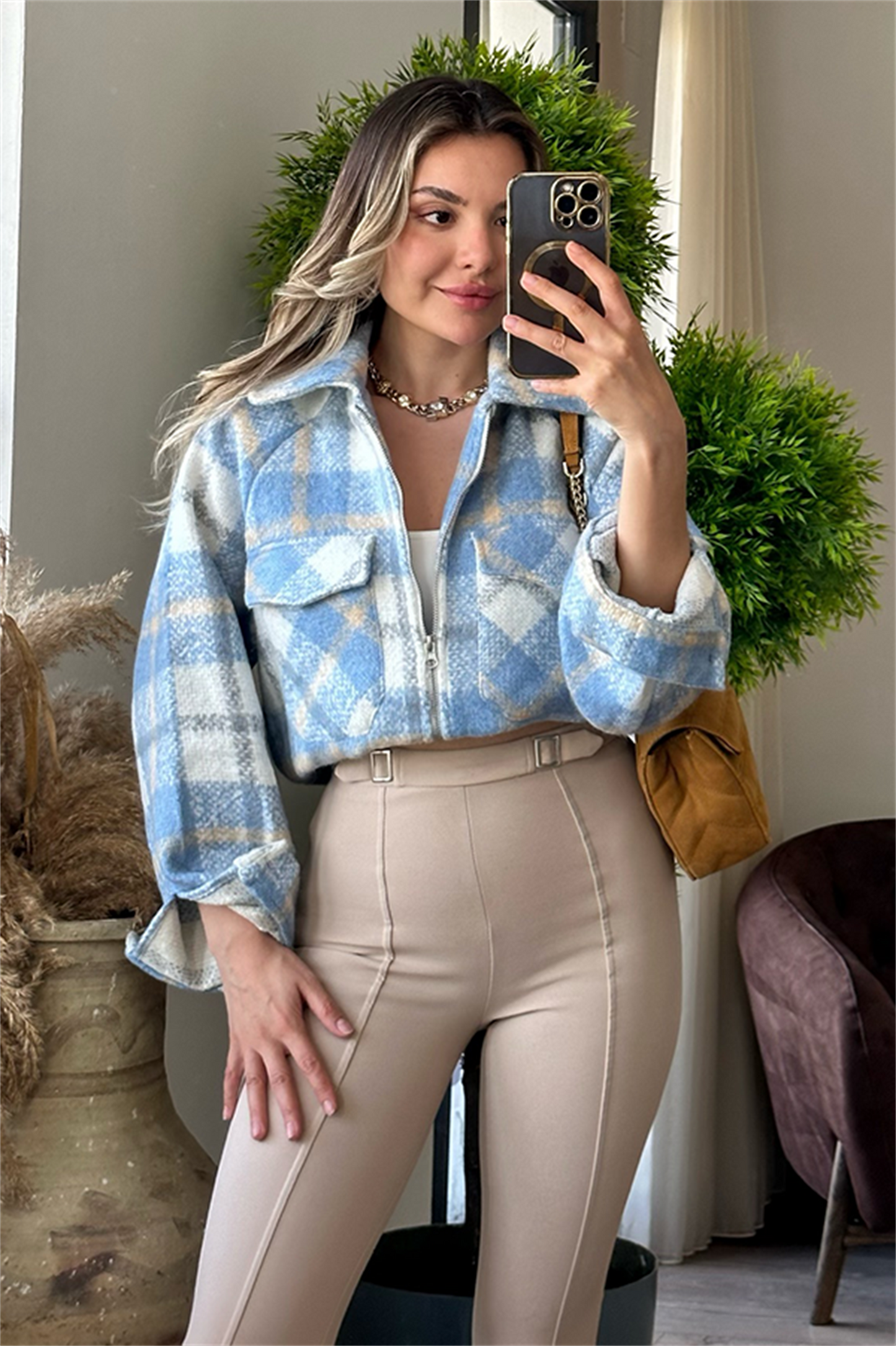 Mavi ekose detaylı tüvit ceket