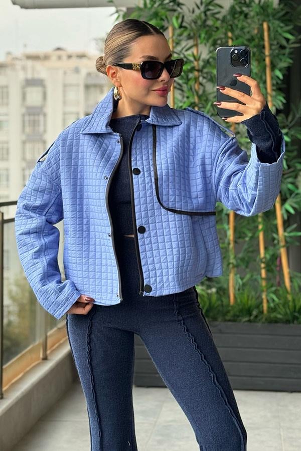 Menna Mavi Kapitone Tasarım Ceket