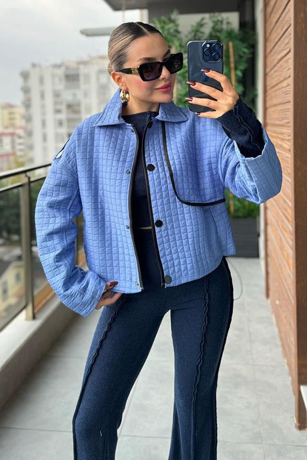 Menna Mavi Kapitone Tasarım Ceket