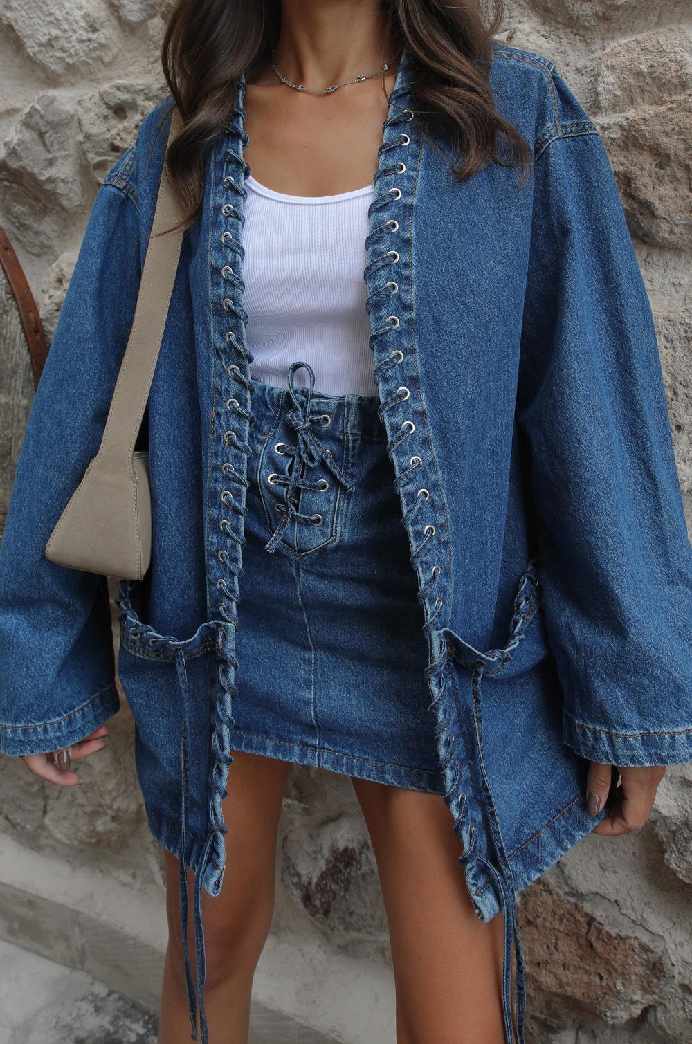 MAVI KUŞGÖZÜ DETAYLI CEKET ETEK DENIM TAKIM