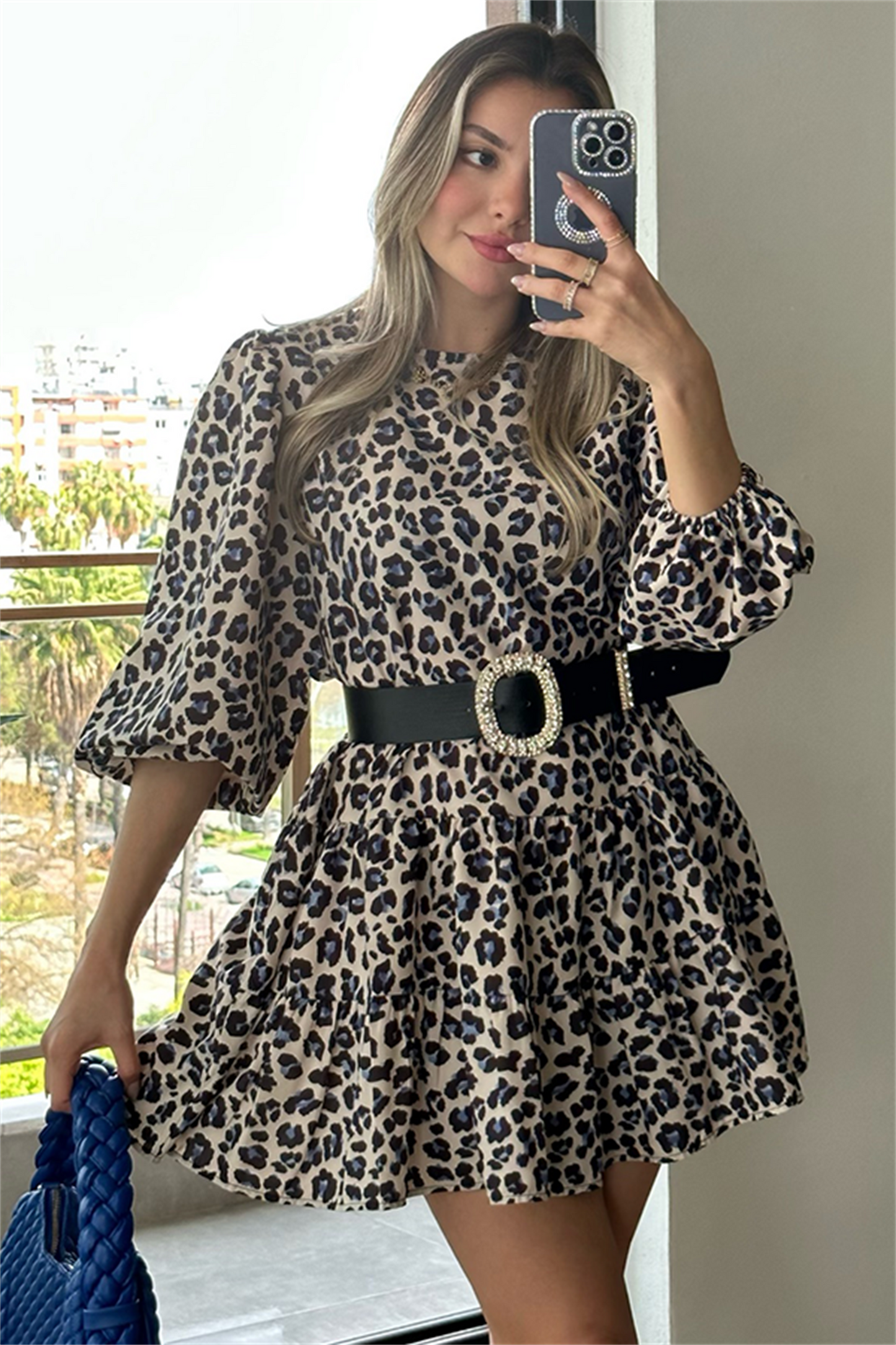 Mavi leopar desenli balon kol çan elbise