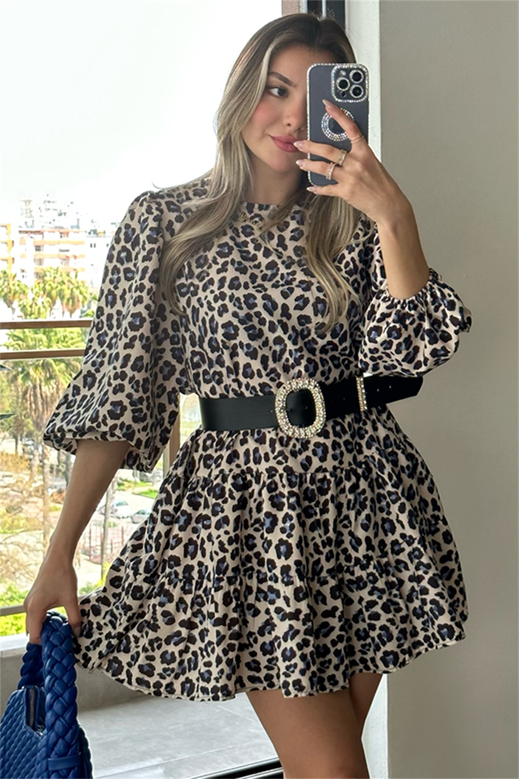 Mavi leopar desenli balon kol çan elbise