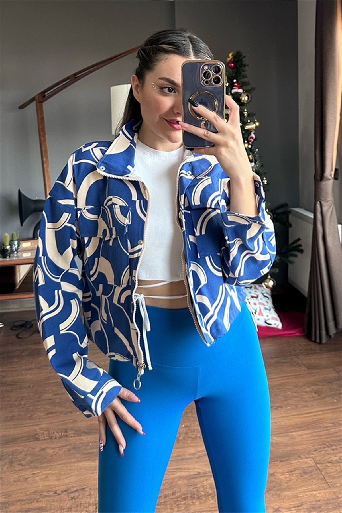 Mavi tribal desen bomber ceket