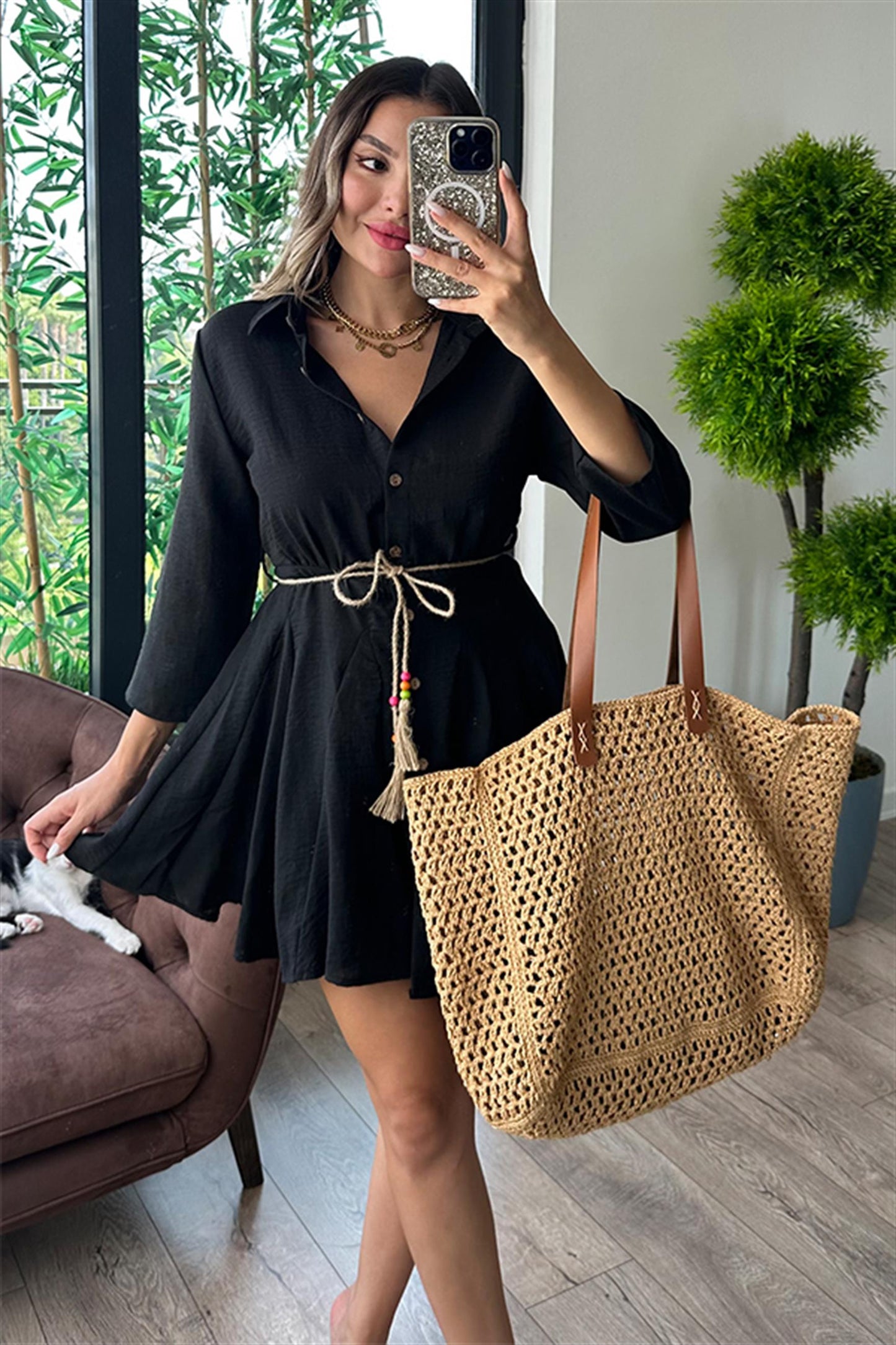 Mayor kemerli gömlek elbise - Siyah