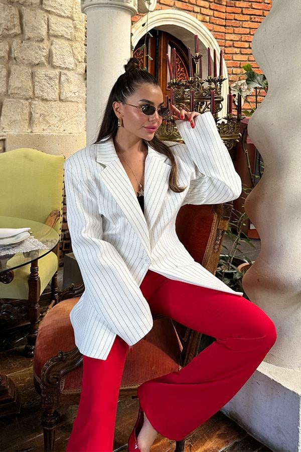 Mayores Vatkalı Premium Çizgili Beyaz Ceket