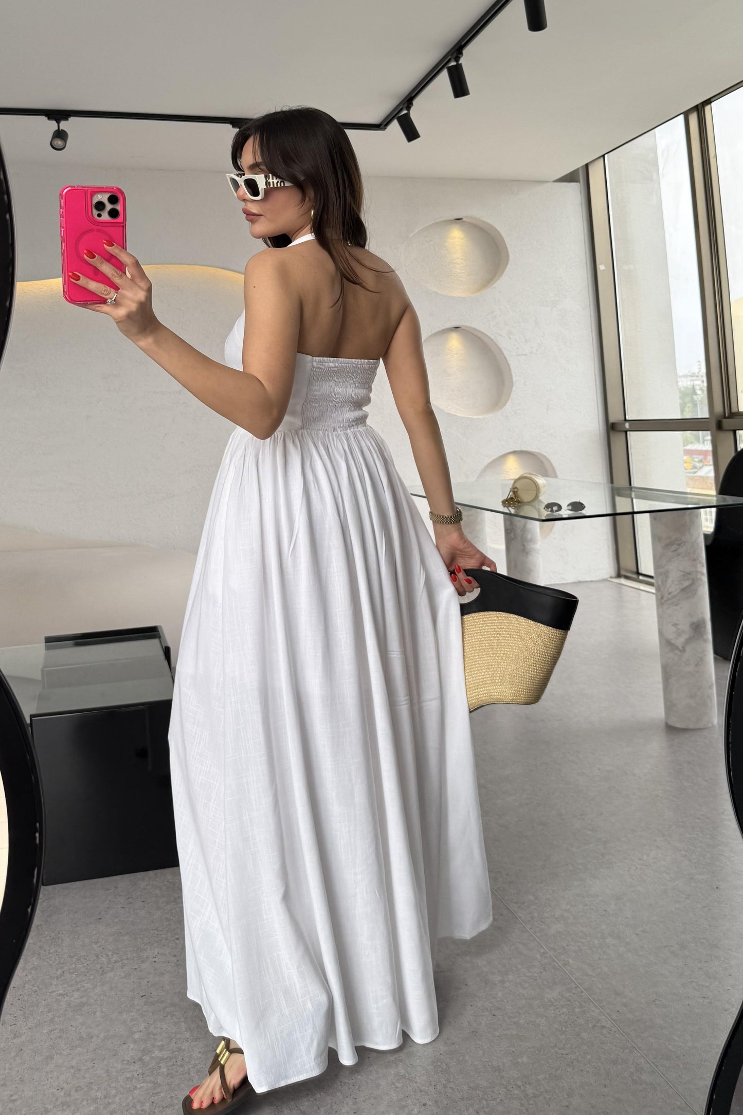 Mayra Ekru Boyundan Bağlamalı Keten Astarlı Elbise