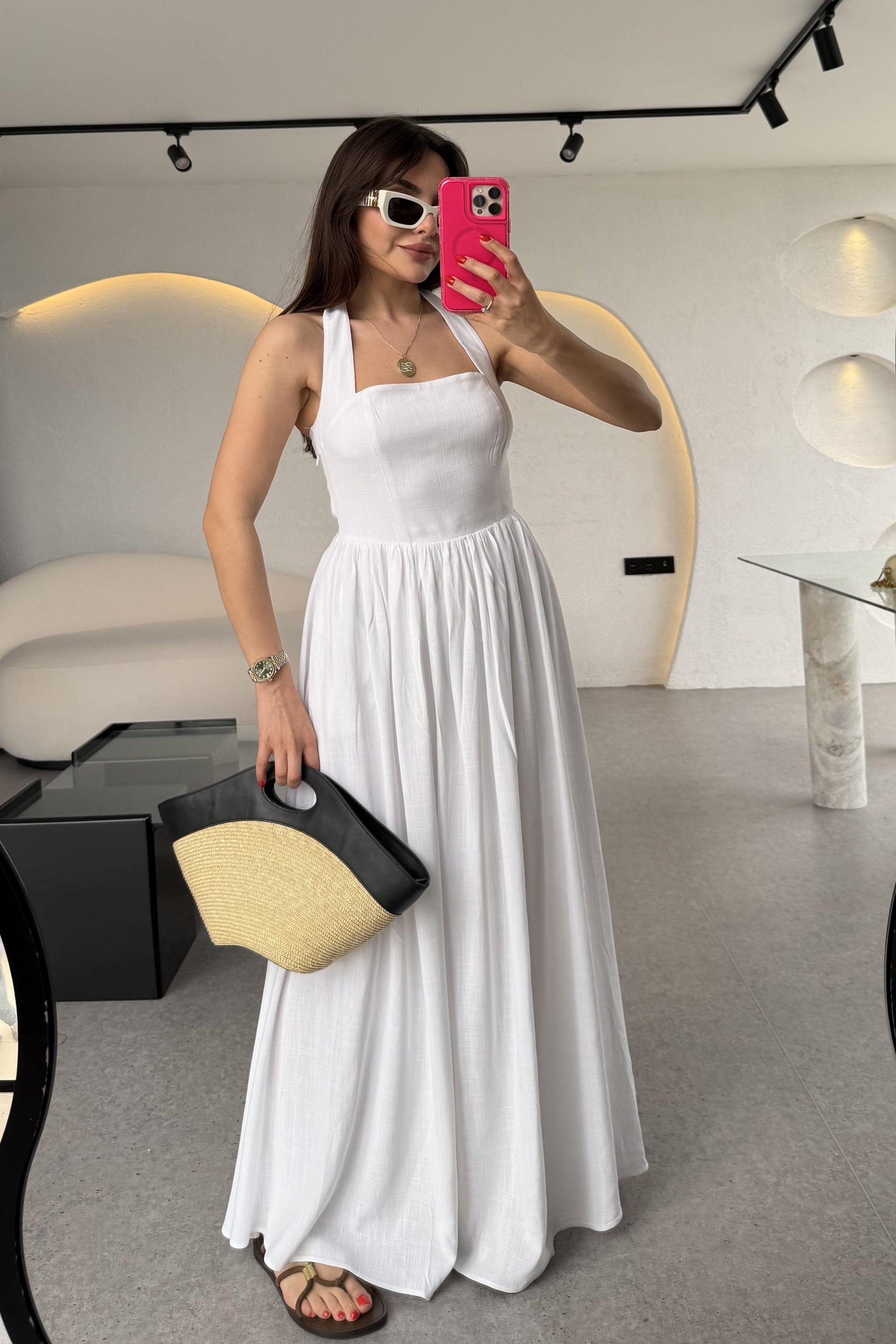 Mayra Ekru Boyundan Bağlamalı Keten Astarlı Elbise