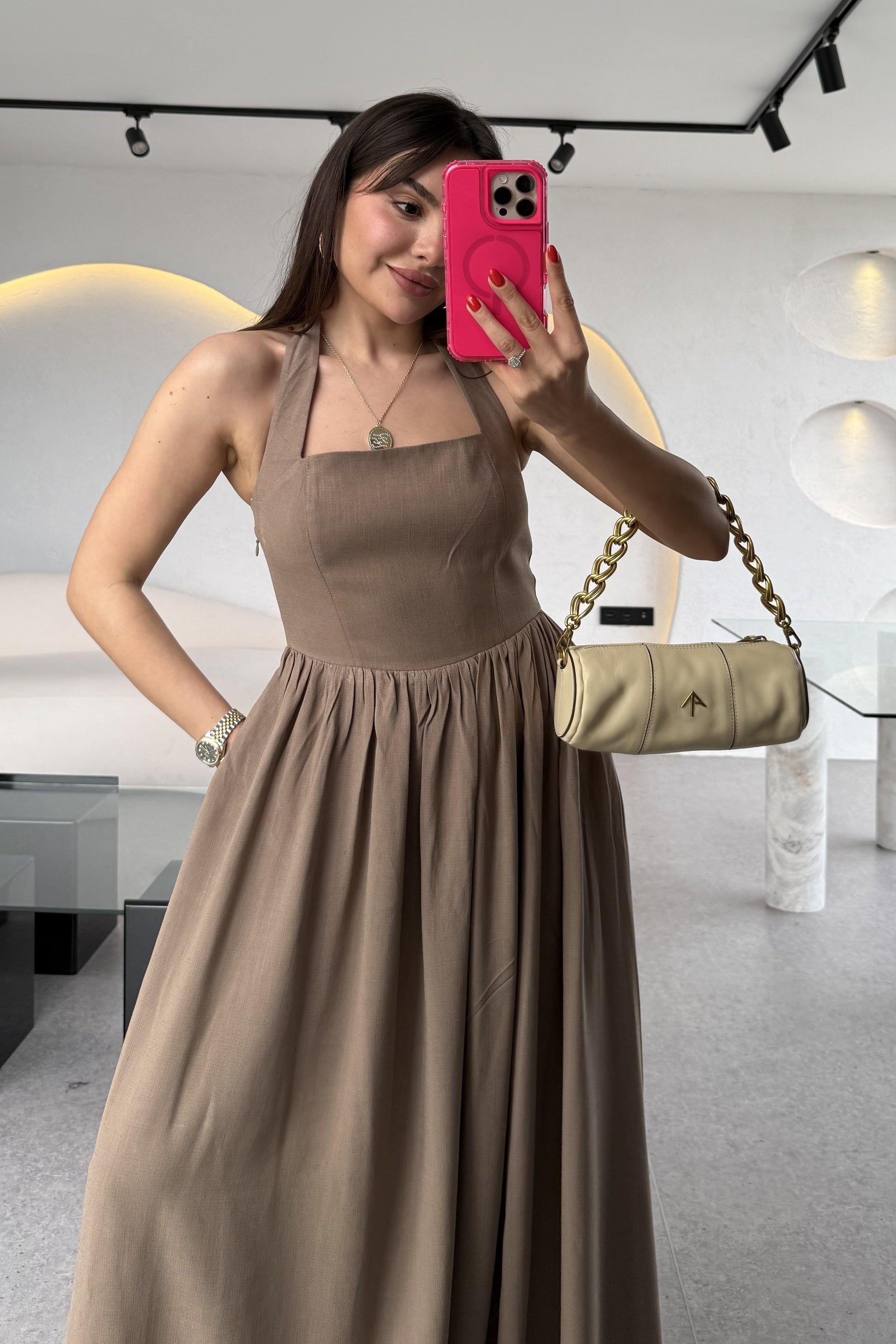 Mayra Kahve Boyundan Bağlamalı Keten Astarlı Elbise