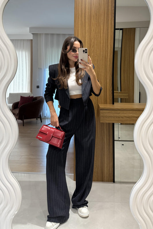 Medusa Lacivert Çizgili Blazer Pantolon Takım