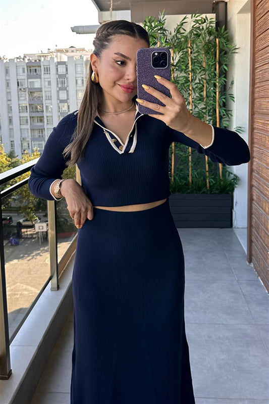 Meghan Fitilli Polo Yaka Etekli Takım - Lacivert