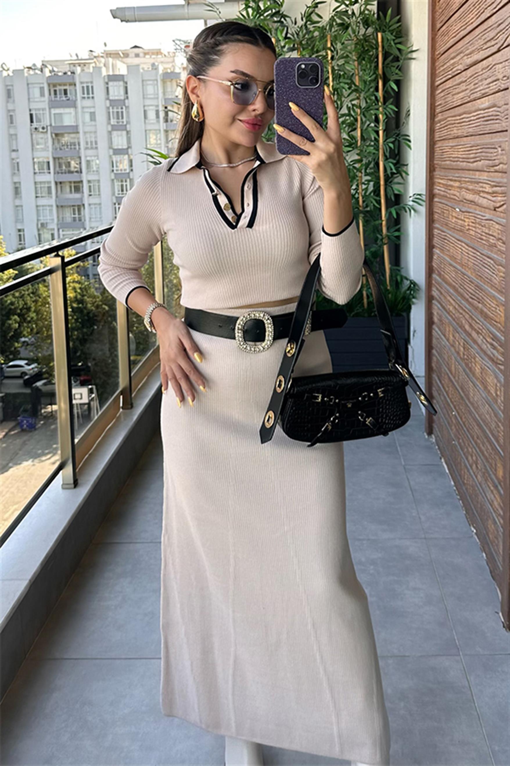 Meghan Fitilli Polo Yaka Etekli Takım - Krem