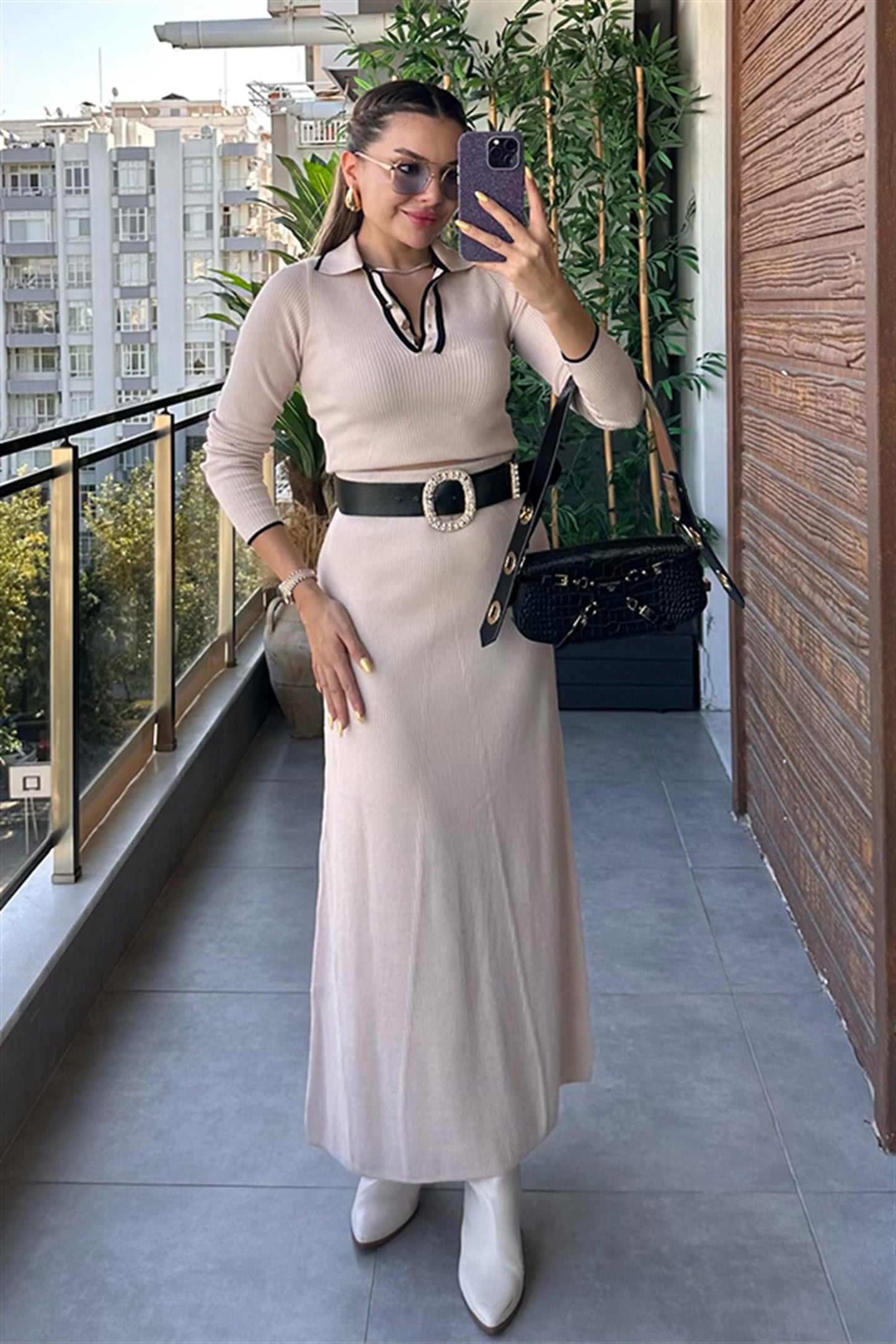 Meghan Fitilli Polo Yaka Etekli Takım - Krem