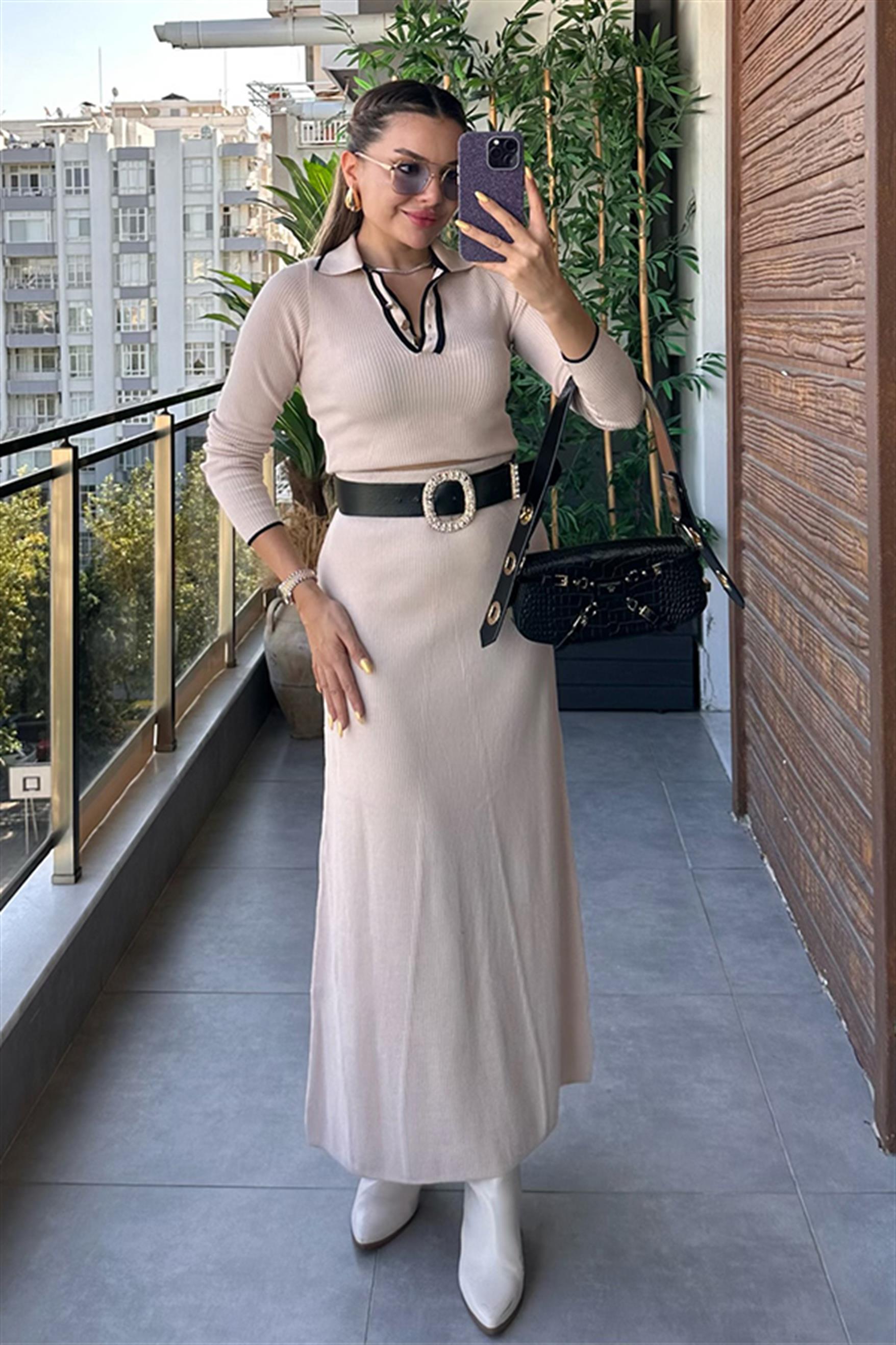 Meghan Fitilli Polo Yaka Etekli Takım - Krem