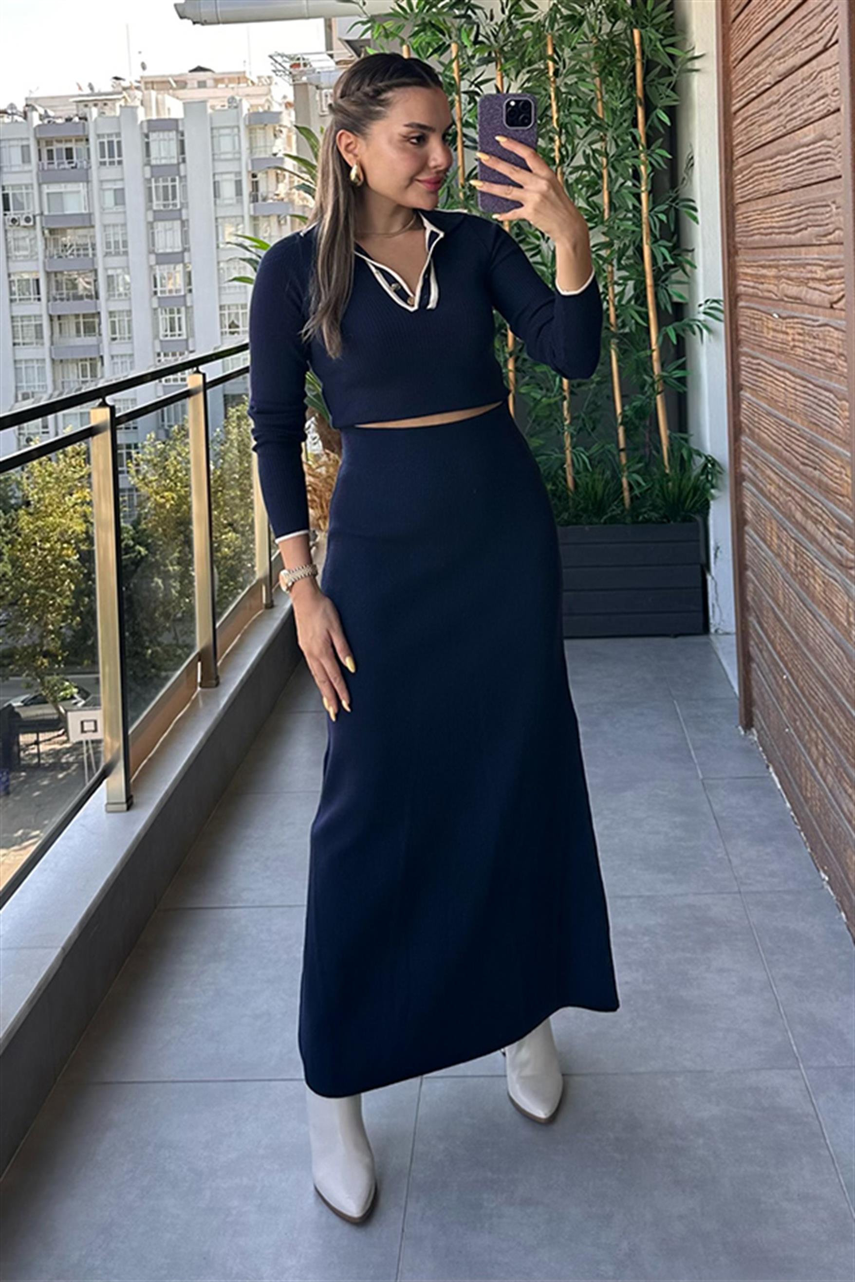 Meghan Fitilli Polo Yaka Etekli Takım - Lacivert