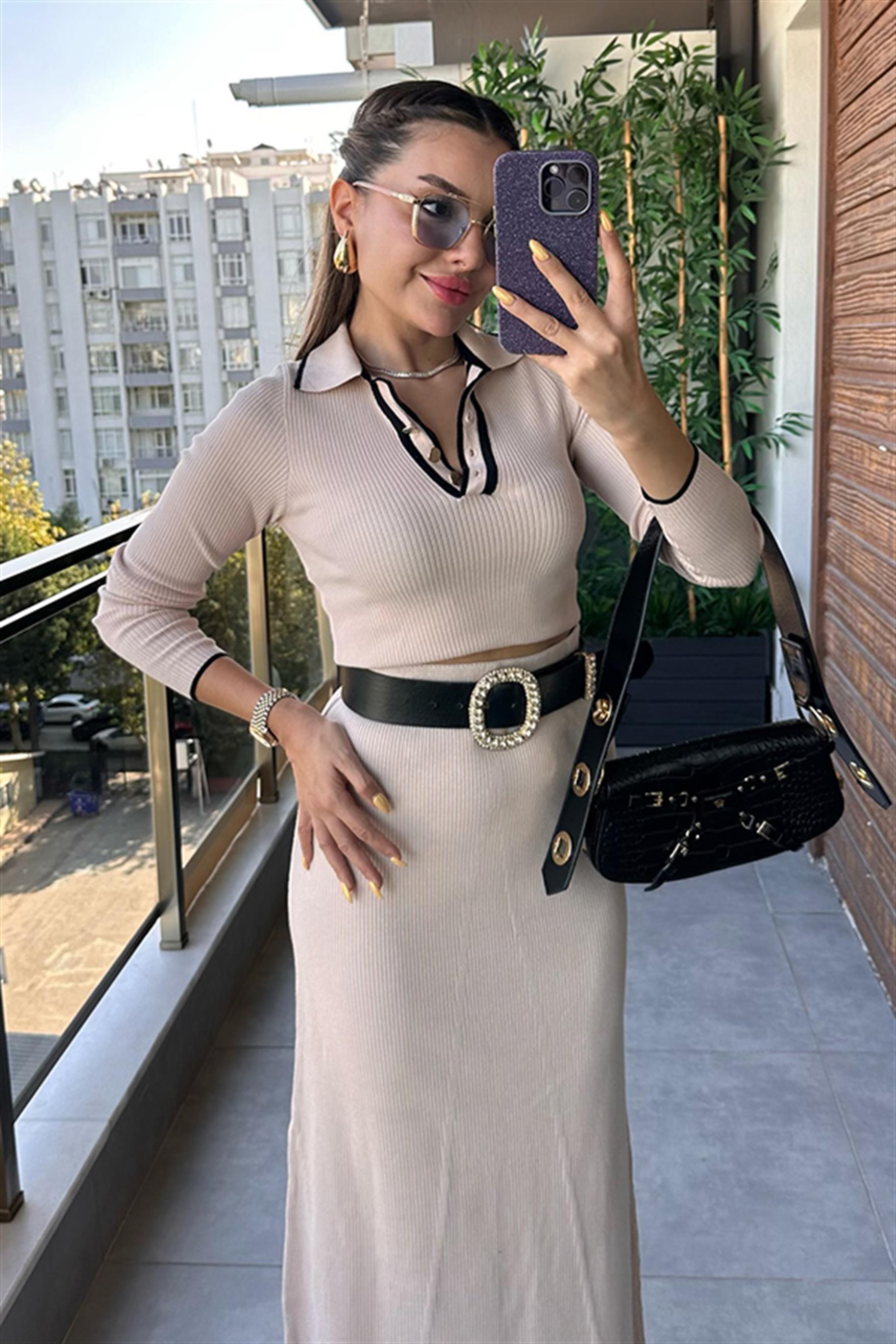 Meghan Fitilli Polo Yaka Etekli Takım - Krem