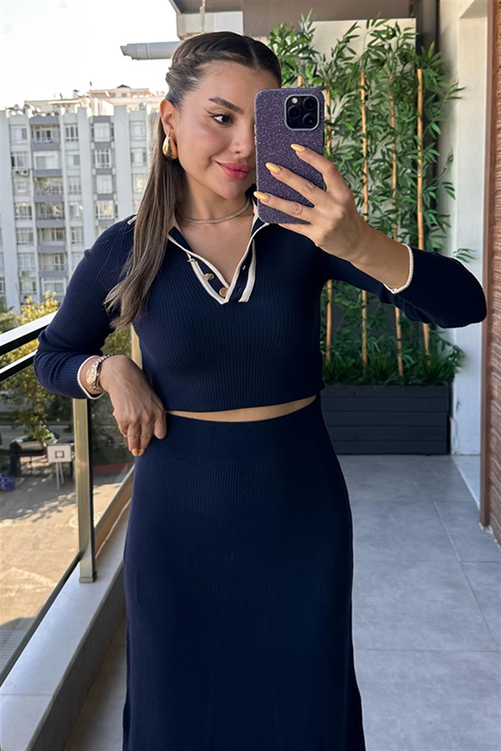 Meghan Fitilli Polo Yaka Etekli Takım - Lacivert