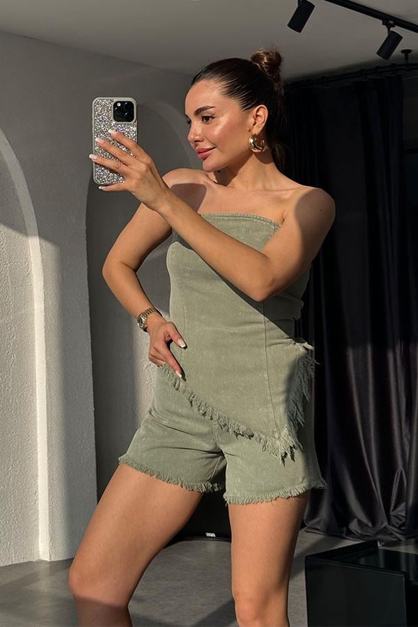 Mejuri Yıkamalı Crop Şort Takım - Mint